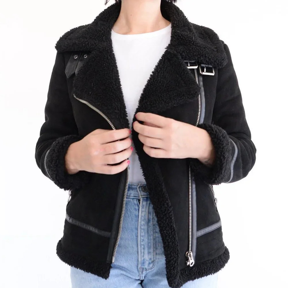 Zara Black Faux Shearling Bomber Moto Jacket Small